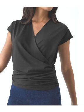 NWOT Halara V Neck cap sleeve cossover ruched solid black blouse stretchy XL
